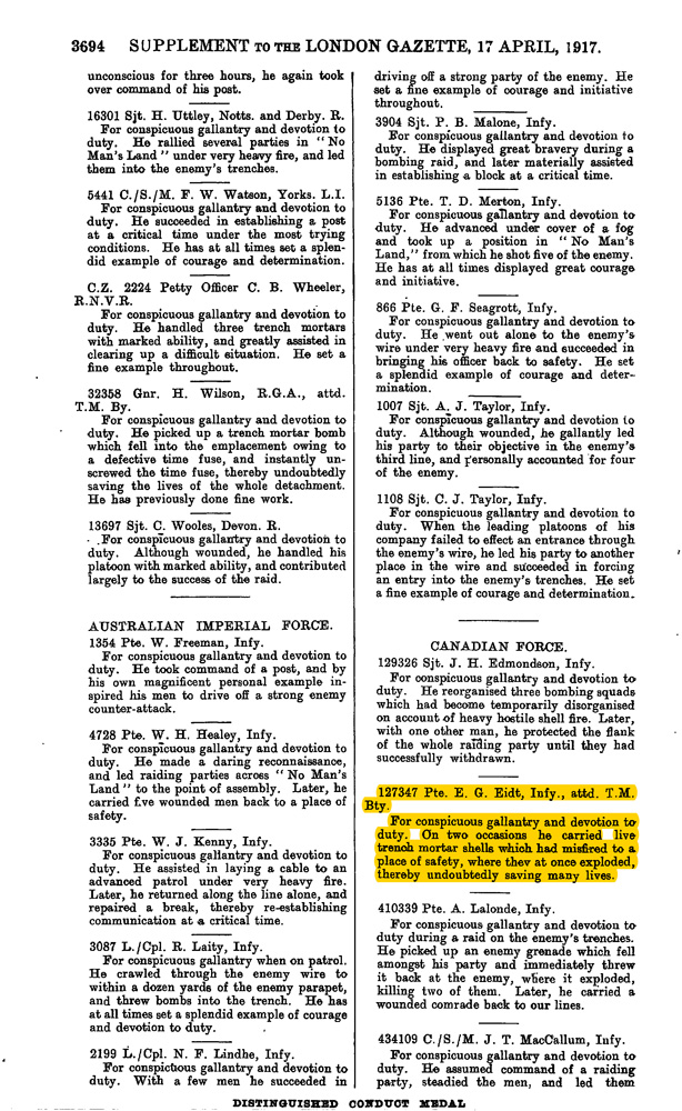 Supplement to the London Gazette, April 17, 1917, https://www.thegazette.co.uk/
